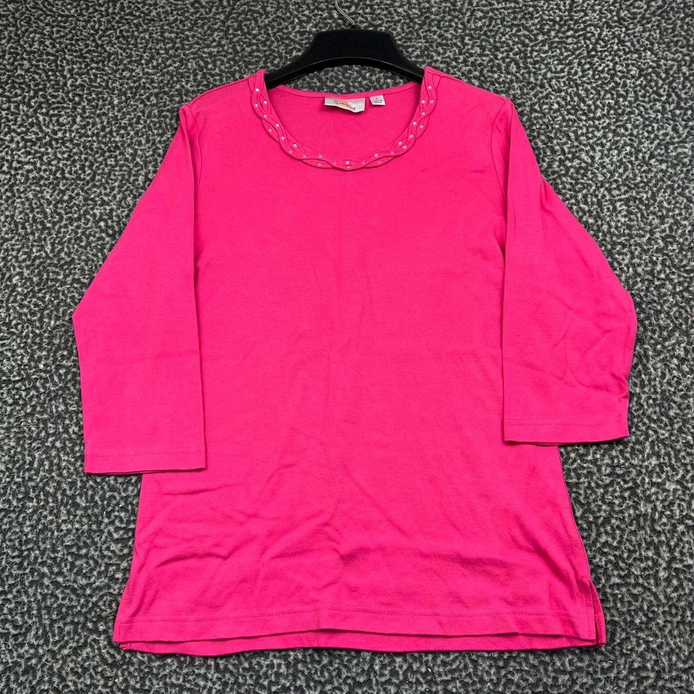 Quacker Factory Shirt Women Small Pink 3/4 Sleeve Embellished Neckline Cotton